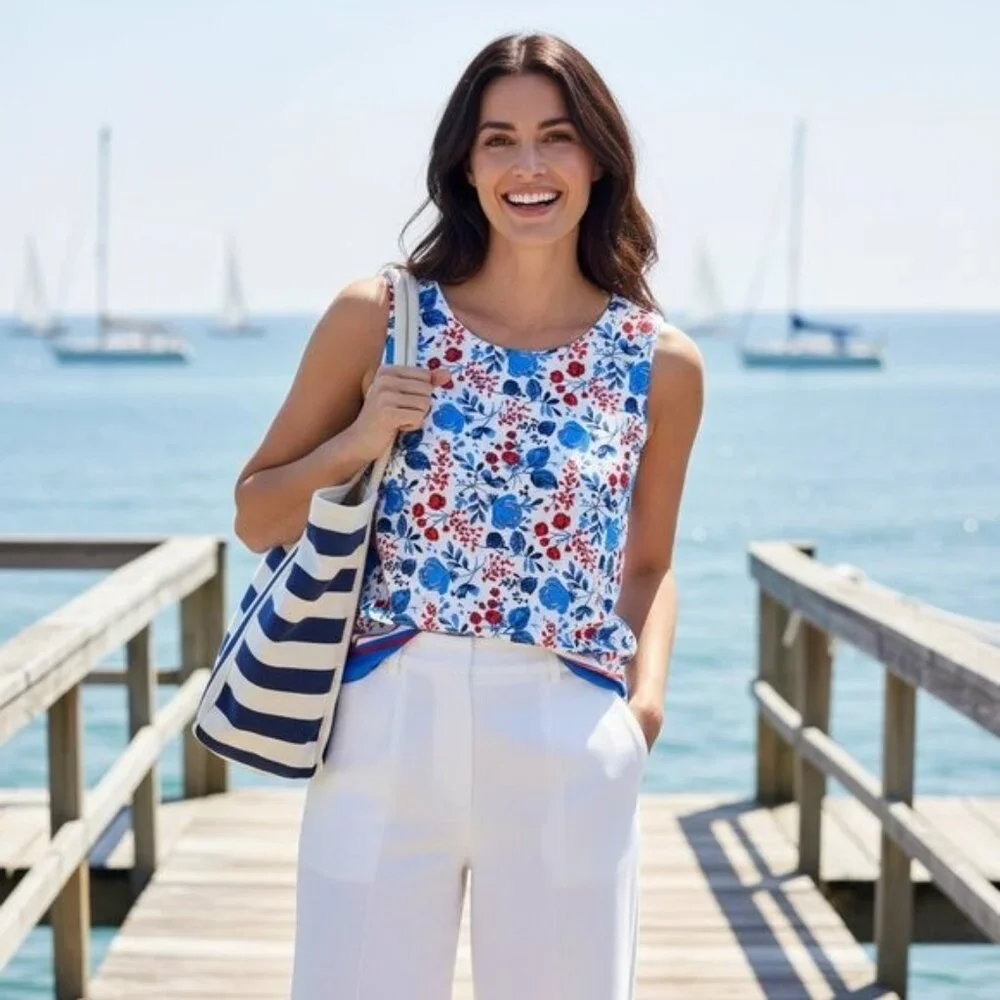 Tommy Hilfiger XL Floral Border Tank Top Sleeveless Red Blue White Preppy - Picture 3 of 7